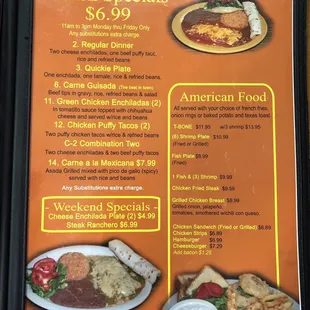 Lunch specials &amp; American Food menu selections.