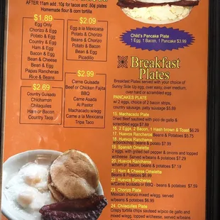 Breakfast menu selections.
