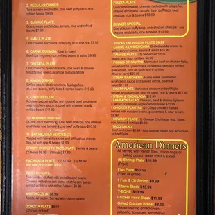 Mexican &amp; American Dinner menu selections.