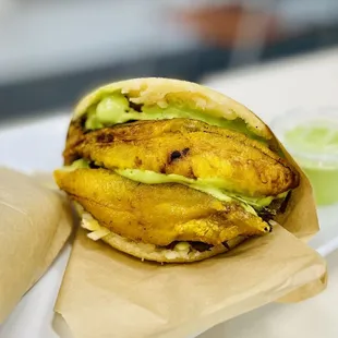 Arepas Rellenas "The Works" w/ beef, cheese and plantains