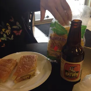 Cuban sandwich,Malta to drink &amp; plantain chips . Traditional Cuban lunch :)!