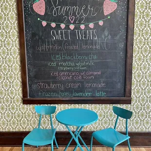 a chalkboard with a chalkboard and two chairs