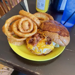 Chicken Bacon Ranch Sandwhich (fried) with Onion Rings. The fries were also very good!