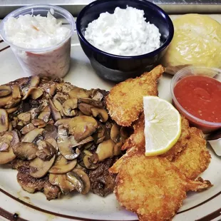 Surf + Turf! 8oz or 12oz of hand-cut ribeye, 5 deed fried shrimp, and your choice of side!