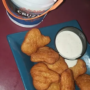Mac and Jack bites with ranch and a raspberry flavored rum bucket