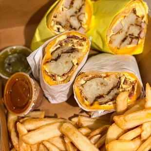 Breakfast burritos and fries