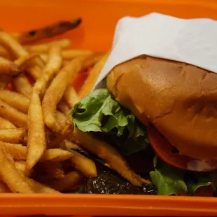 a hamburger and french fries