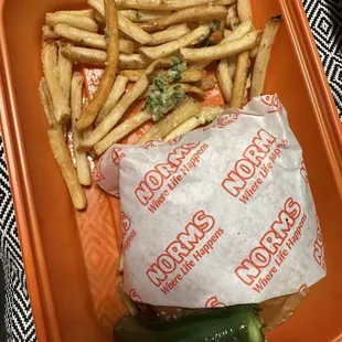 Habanero burger and disappointment garlic fries.