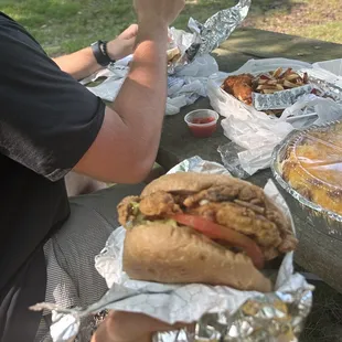 Soft shell sandwich, loaded tator tots, Fried Shrimp Platter