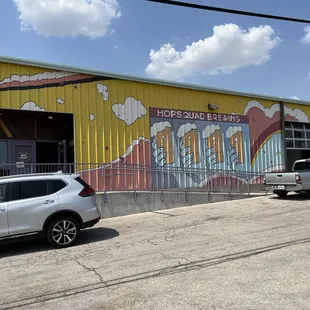 Brew pub in front of food truck