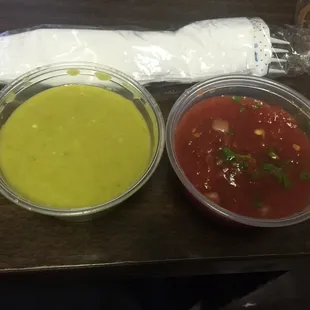 Green sauce  and  red salsa