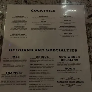 the menu for the cocktails and specials