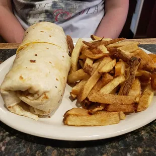 Buffalo chicken wrap with fries