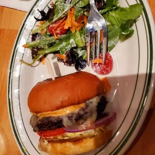 Half a hamburger & salad with homemade ranch. Very good, minus the scratch I got ;)