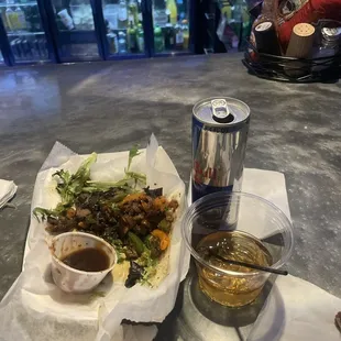 Steak bites, Red Bull, Remy VSOP