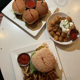 Cheeseburger, Mazel Tots,  Truffle fries,  Fried Chicken Sliders