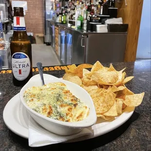 Chips, dip and a adult beverage