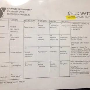 Kids schedule for March