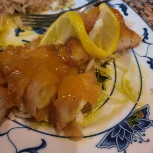 Lemon Chicken comes as a sliced up deep fried chicken breast. Very sweet and yummy.