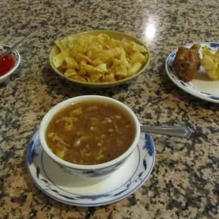 Hot And Sour Soup, Chicken Wing, Crab Rangoon And Complimentary Wontons With Sweet And Sour Sauce