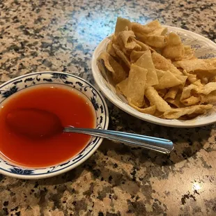 Complimentary Fried Wontons with Sweet and Sour Sauce