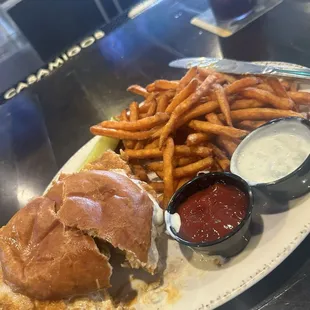Buffalo fried chicken sandwich with sweet potato fries/