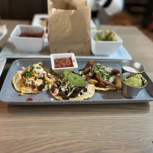 L to R: Pork belly, Carne Asada, Barbacoa tacos.