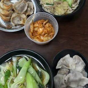 Kimchi, dumplings (come in counts of 10 for cheap both fried and steamed), noodles