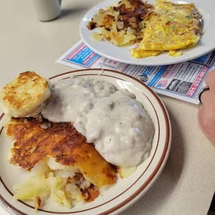 Biscuits and gravy. Western omlette.