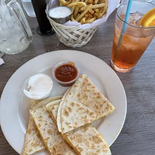 Cheese quesadilla, fries, aperol spritz