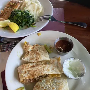 Carnita Quesadilla and Grilled Salmon