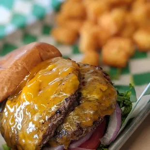 a cheeseburger and fries