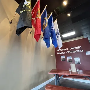 flags hanging from the ceiling