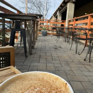 Patio seating featuring a delicious dirty chai.