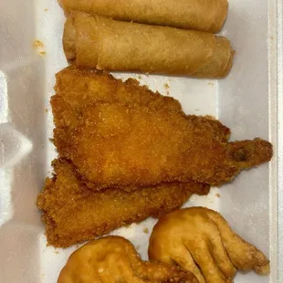 Chicken egg roll, fried shrimp, cheese puffs