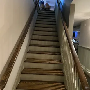 Long stairwell down to the restrooms.