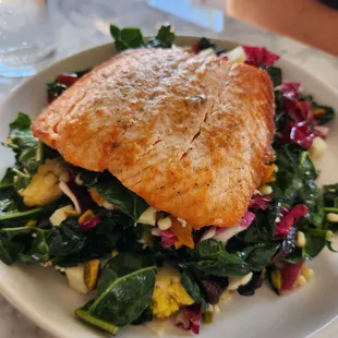 Seasonal vegetable salad with salmon