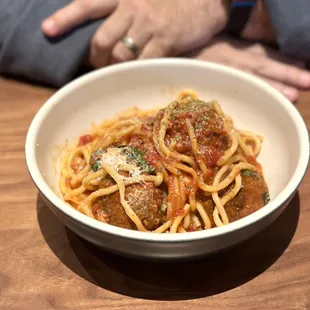 Freshly made Spaghetti noodles and meatballs