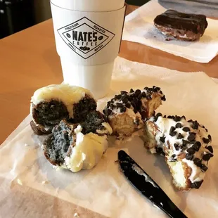 Donuts - Chocolate Chip Pancake (Right) and Chocolate Glazed (Back Right)