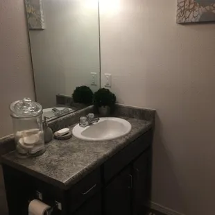 Bathroom with long vanity mirror with great lighting and plenty of cabinet/drawer space for storage.