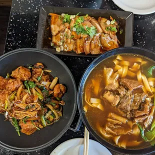 Three cup chicken, beef noodle soup, braised pork slices