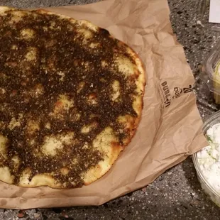 Zaatar maneesh, house made feta dip and babaganouj. The bomb.