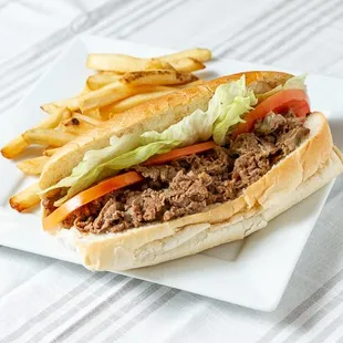 8 oz cheese steak served on fresh baked sub roll with fries