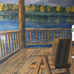 a painting of a chair on a porch overlooking a lake