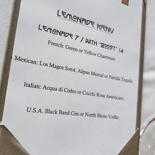 Lemonade menu