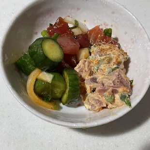 Sample of their poke counter offerings. Cucumber Kim Chee, spicy ahi and shoyu ahi. All very good!  All fresh!