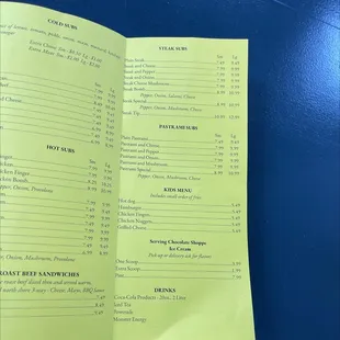 Subs and kid's menu