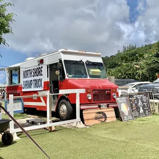 a red and white food truck