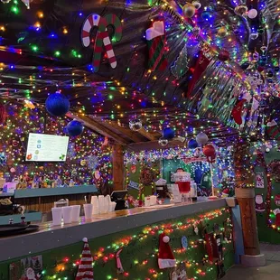 christmas decorations on the ceiling