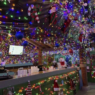 christmas decorations on the ceiling